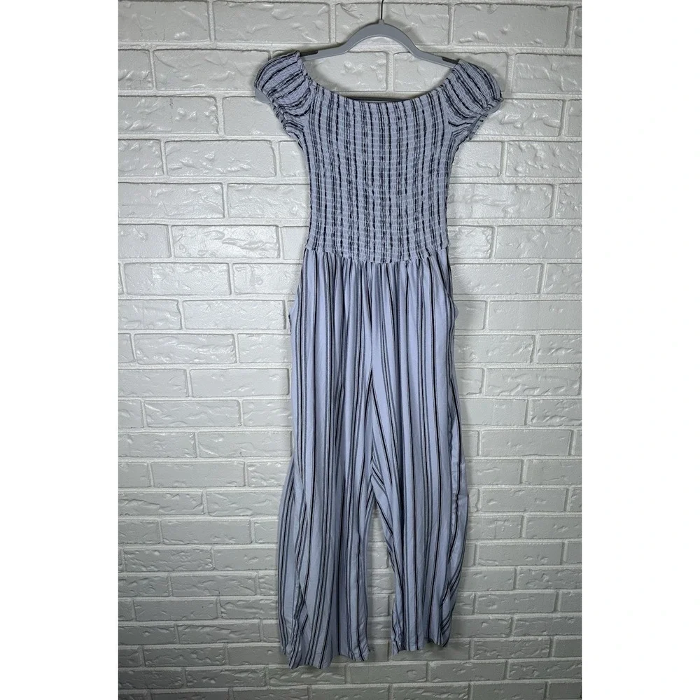 Justify L Smocked Off Shoulder Striped Jumpsuit Blue White Wide Leg Boho‎